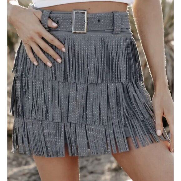 Nylon Apparel Rhinestone Fringe Mini Skort Skirt Gray Blue 1XL Taylor Festival - Picture 2 of 9